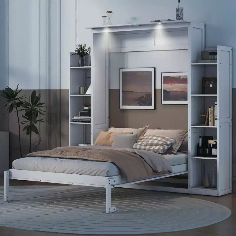 Schrankbett mit Ablagefächern und LED-Leuchten, klappbares Wandschrankbett für das Gästezimmer