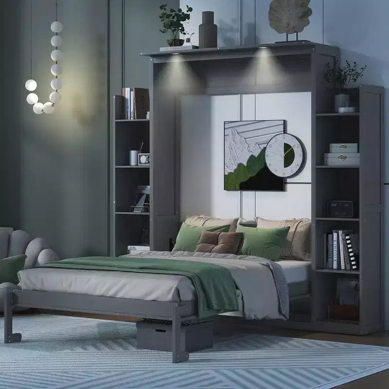 Lit escamotable avec étagères de rangement et éclairage LED, armoire-lit escamotable pour chambre d’amis
