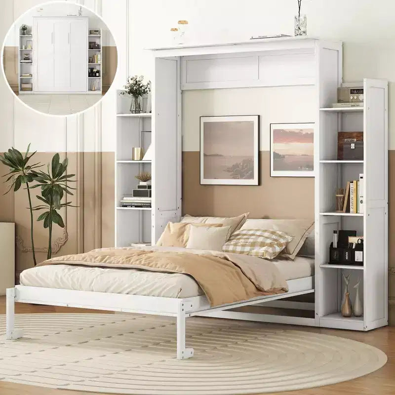 Lit escamotable avec étagères de rangement et éclairage LED, armoire-lit escamotable pour chambre d’amis