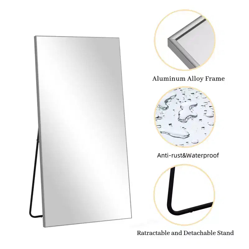 Espejo de cuerpo entero rectangular plateado de 71x31 inch, de aleación de aluminio con bordes finos (con soporte)