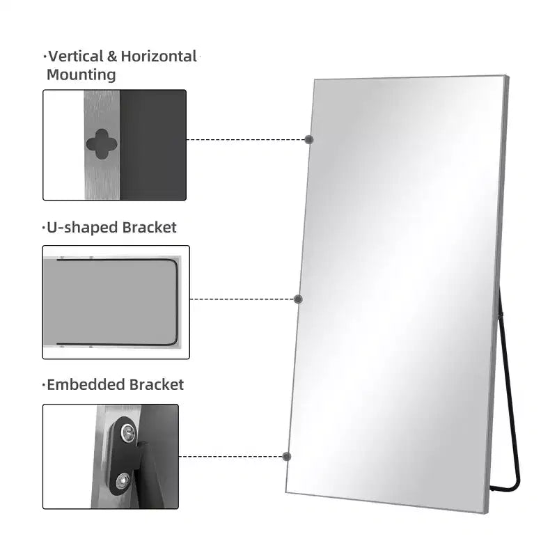 71x31 inch rechteckiger Ganzkörperspiegel aus Aluminiumlegierung mit schmalem Rand, Silber (mit Halterung)