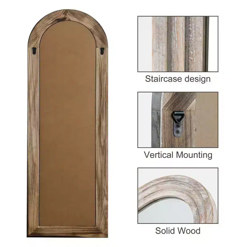 Miroir pleine longueur de 71x31 inch en bois massif, en arche à angle droit étagée, finition blanc vieilli (sans support)