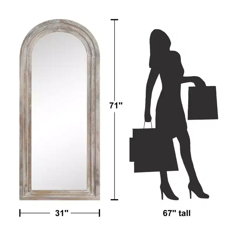 Miroir pleine longueur de 71x31 inch en bois massif, en arche à angle droit étagée, finition blanc vieilli (sans support)