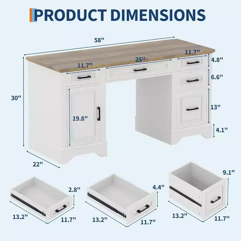 Bureau de direction de 58 avec 5 tiroirs et placard, style ferme, pour bureau à domicile, travail, études et écriture, blanc