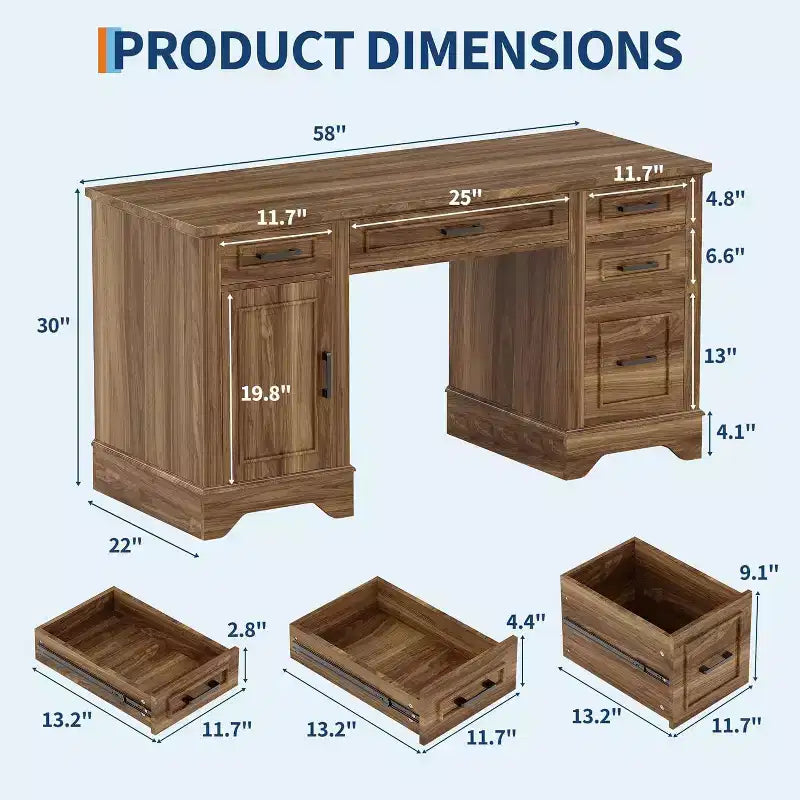 Bureau de direction de 58 avec 5 tiroirs et placard, style ferme, pour bureau à domicile, travail, études et écriture, blanc