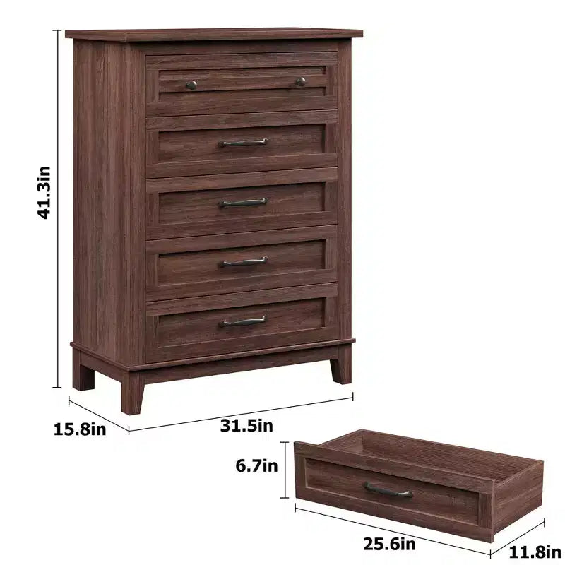 Commode verticale autoportante de 41.3 de haut avec 5 tiroirs de rangement, meuble de rangement en bois pour salon, chambre, entrée, chambre