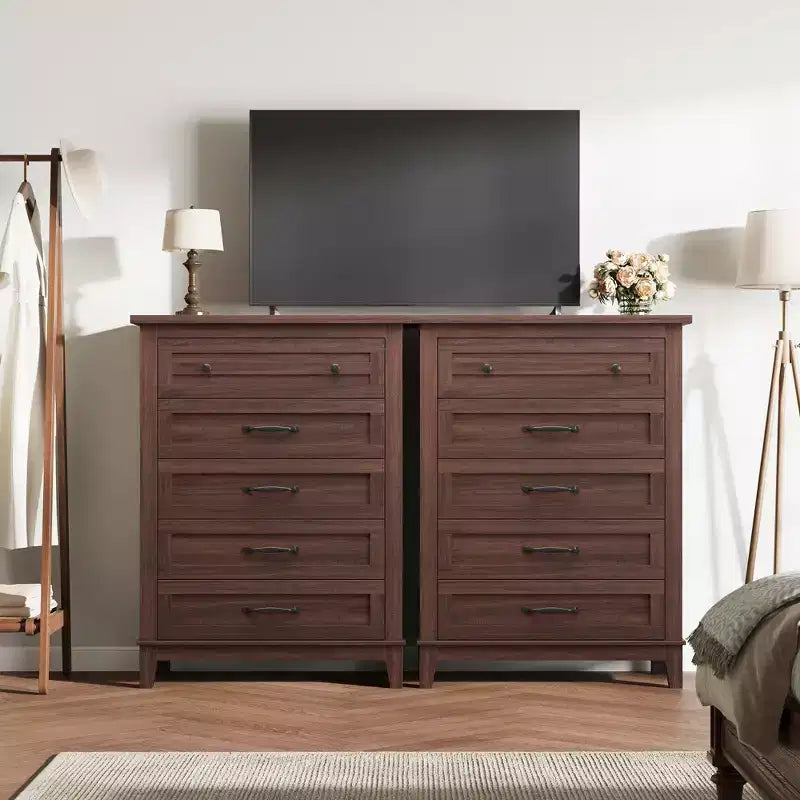 Commode verticale autoportante de 41.3 de haut avec 5 tiroirs de rangement, meuble de rangement en bois pour salon, chambre, entrée, chambre