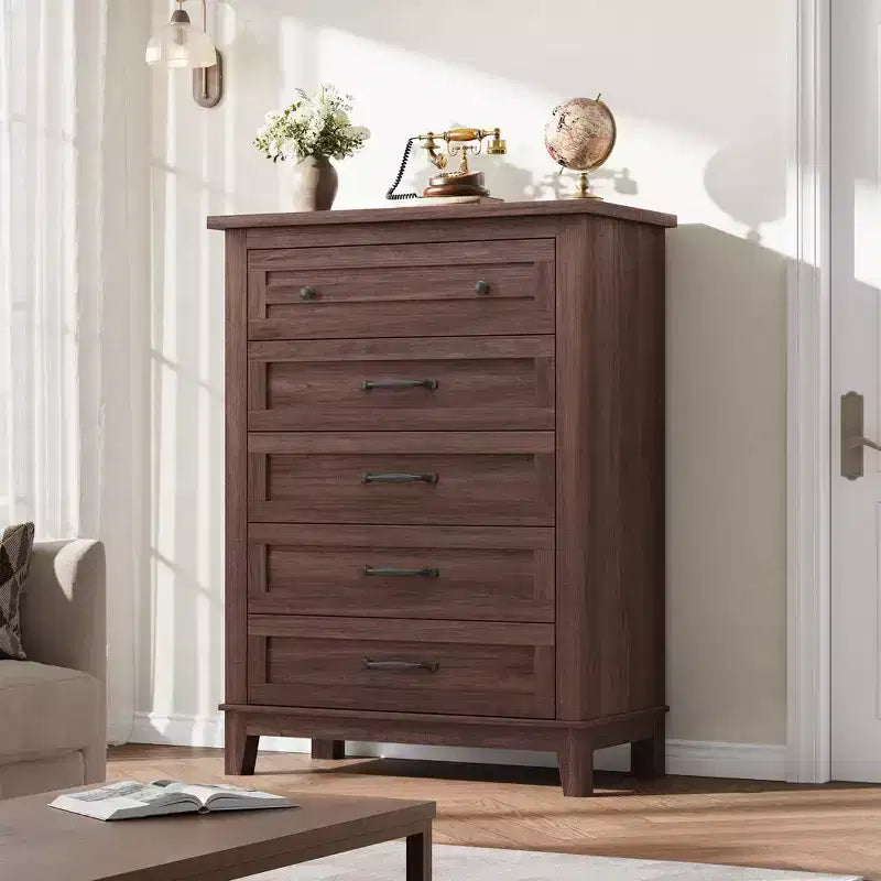Commode verticale autoportante de 41.3 de haut avec 5 tiroirs de rangement, meuble de rangement en bois pour salon, chambre, entrée, chambre
