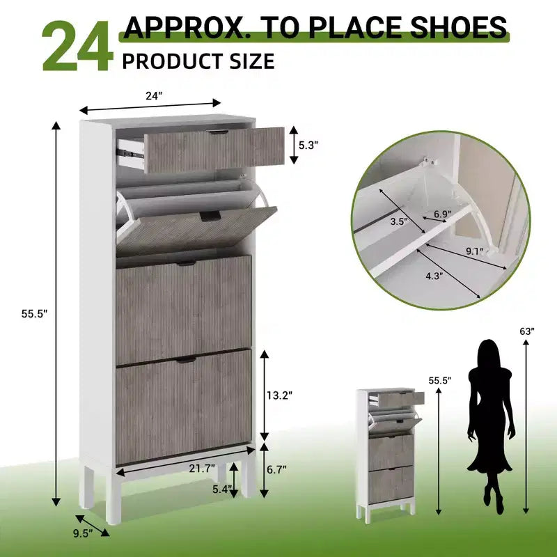 Meuble à chaussures avec 3 tiroirs basculants et 1 tiroir, étagères réglables et pieds en métal, meuble étroit peu encombrant pour l’entrée