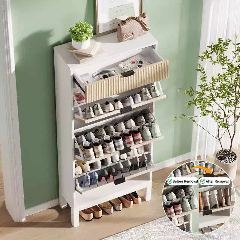 Meuble à chaussures avec 3 tiroirs basculants et 1 tiroir, étagères réglables et pieds en métal, meuble étroit peu encombrant pour l’entrée
