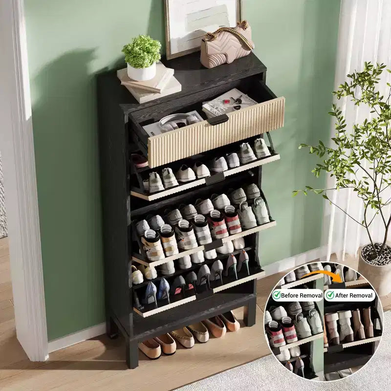 Schuhschrank mit 3 Kippschubladen und 1 Schublade, verstellbaren Einlegeböden und Metallbeinen, schmaler, platzsparender Schuhschrank für den Eingangsbereich