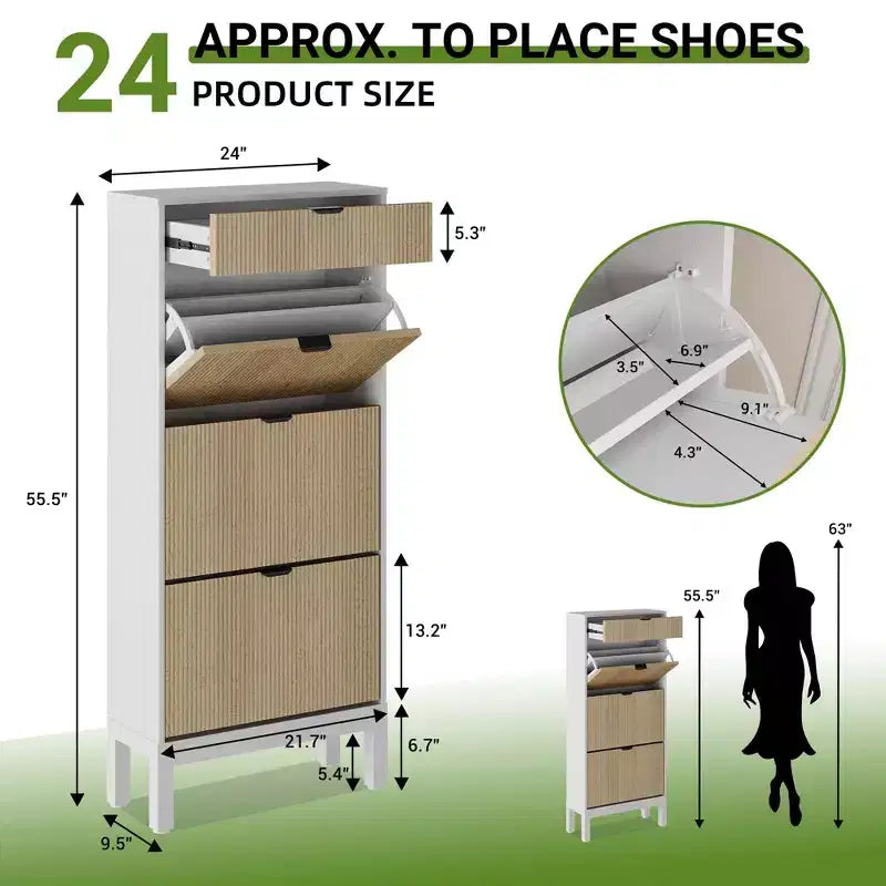 Meuble à chaussures avec 3 tiroirs basculants et 1 tiroir, étagères réglables et pieds en métal, meuble étroit peu encombrant pour l’entrée