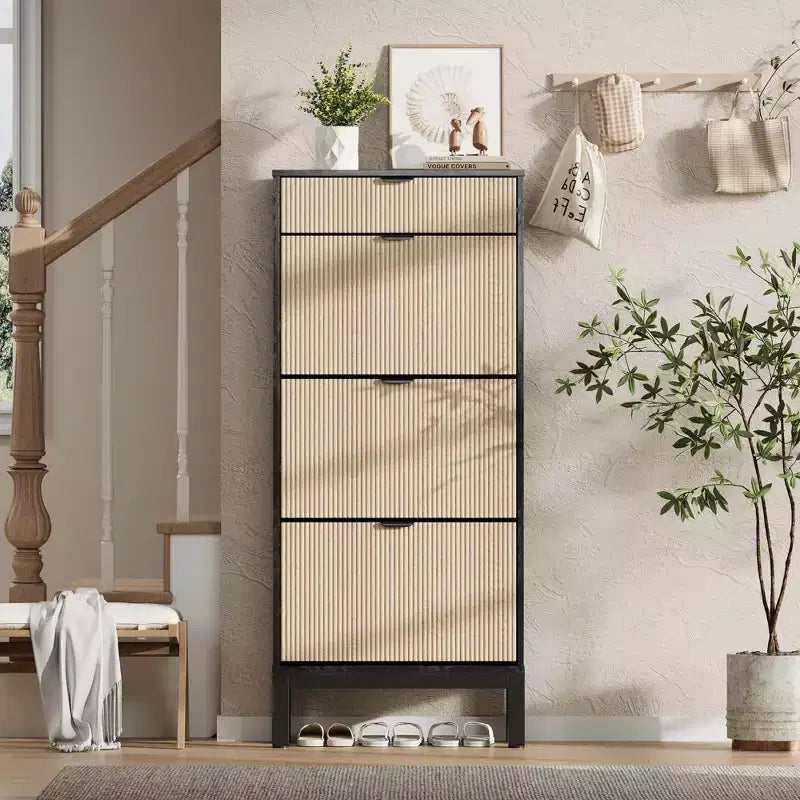 Schuhschrank mit 3 Kippschubladen und 1 Schublade, verstellbaren Einlegeböden und Metallbeinen, schmaler, platzsparender Schuhschrank für den Eingangsbereich
