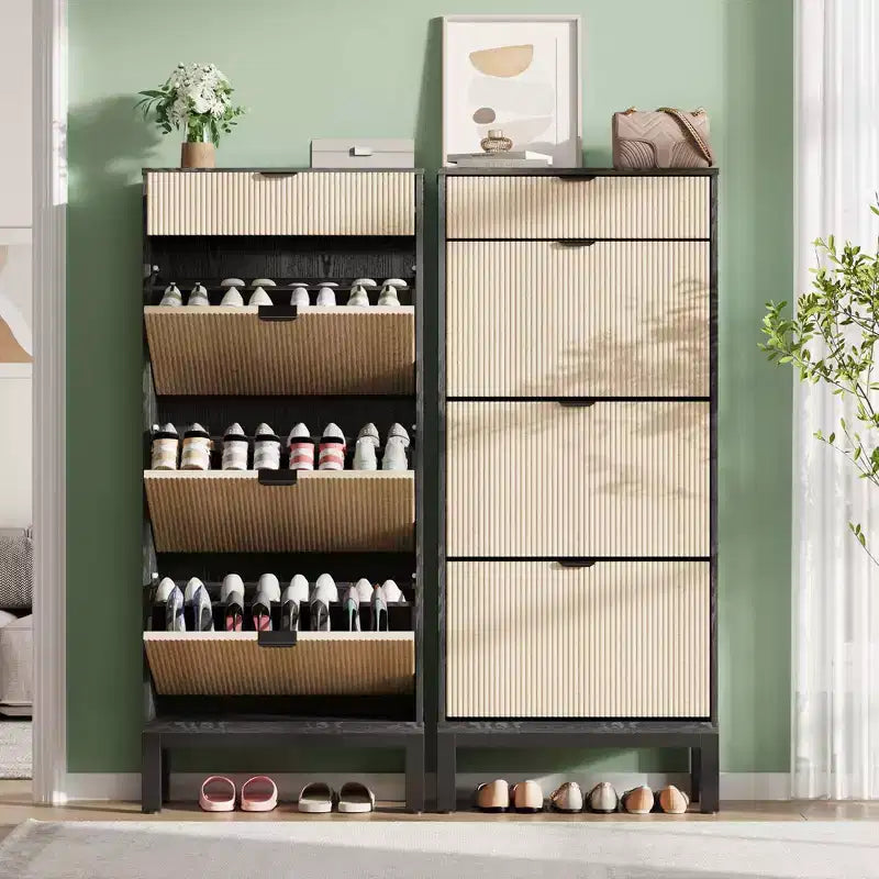 Meuble à chaussures avec 3 tiroirs basculants et 1 tiroir, étagères réglables et pieds en métal, meuble étroit peu encombrant pour l’entrée