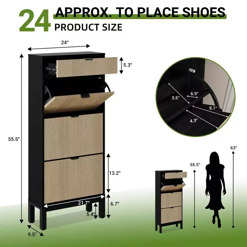 Meuble à chaussures avec 3 tiroirs basculants et 1 tiroir, étagères réglables et pieds en métal, meuble étroit peu encombrant pour l’entrée