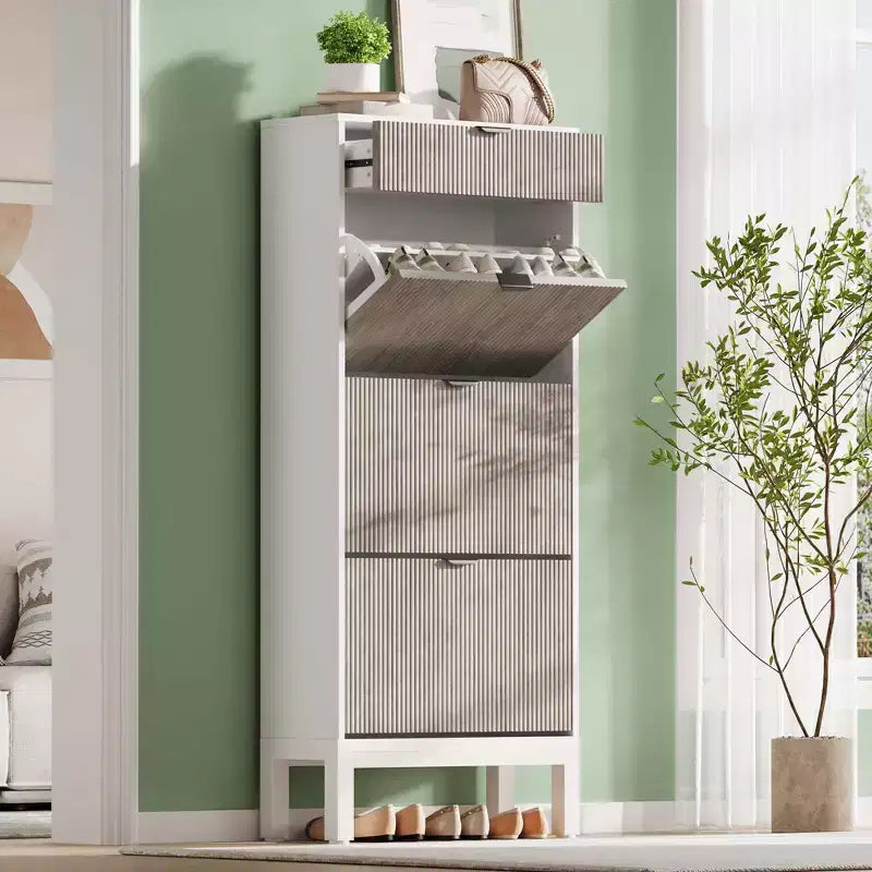 Schuhschrank mit 3 Kippschubladen und 1 Schublade, verstellbaren Einlegeböden und Metallbeinen, schmaler, platzsparender Schuhschrank für den Eingangsbereich