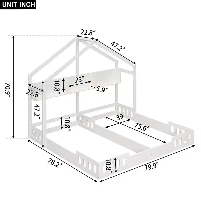 Lit plateforme double en forme de maison, lit au sol avec deux couchages partagés, étagères et barrière de sécurité, blanc crème