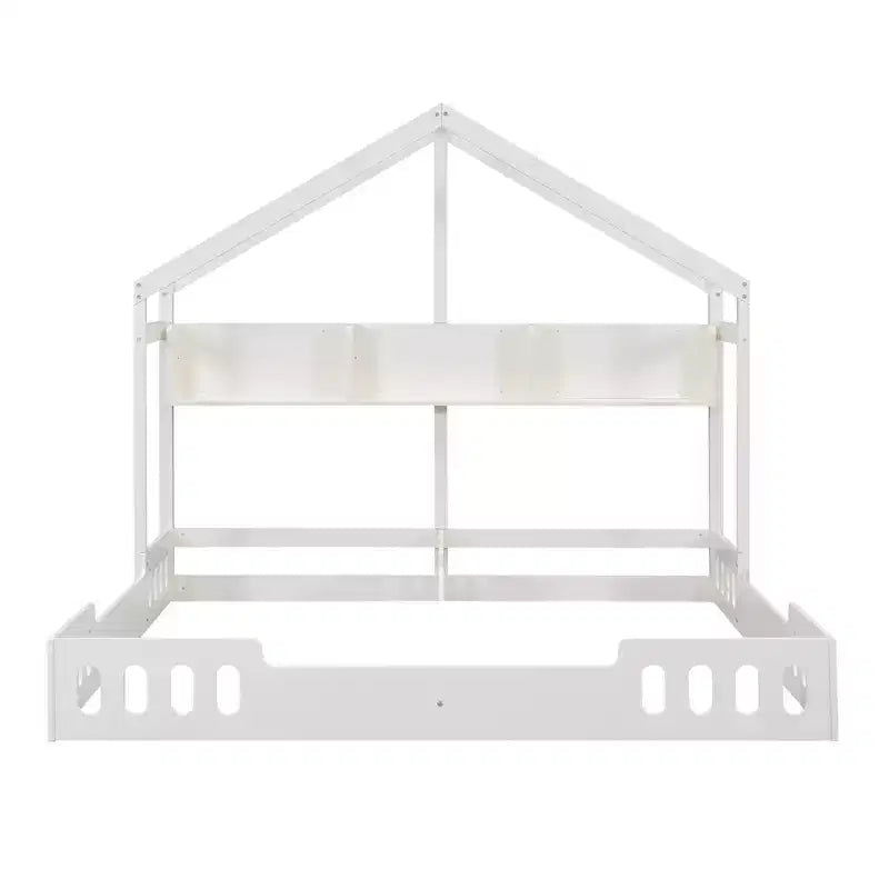 Lit plateforme double en forme de maison, lit au sol avec deux couchages partagés, étagères et barrière de sécurité, blanc crème