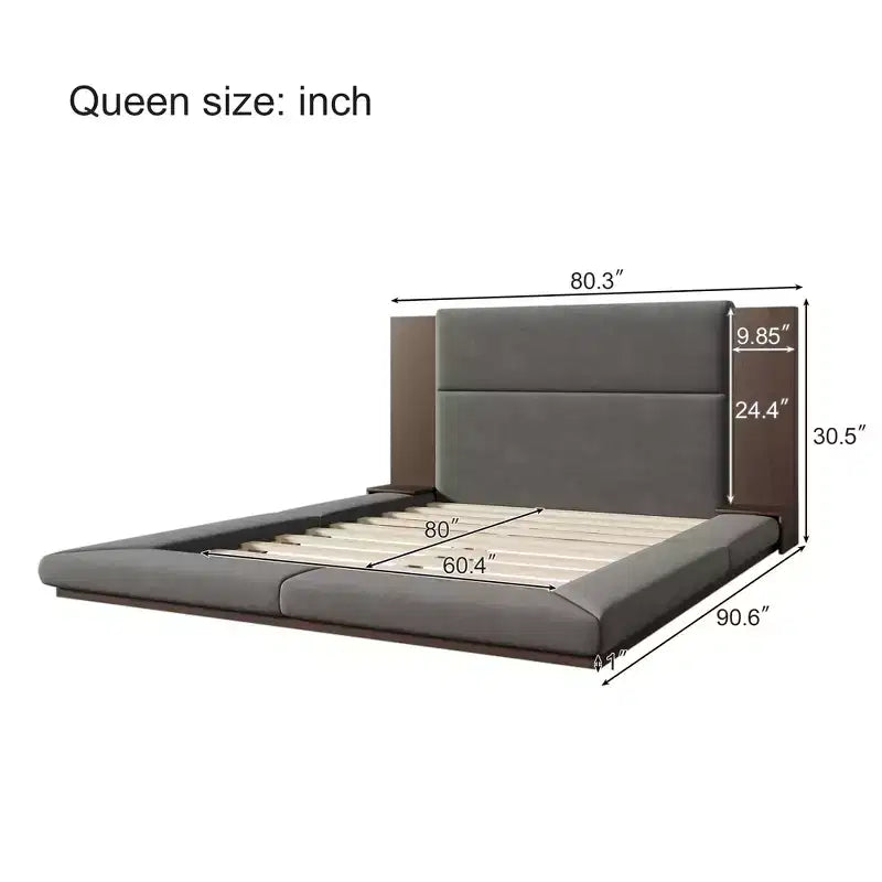 Cama moderna de plataforma tapizada a ras del suelo con cabecero de madera extendido