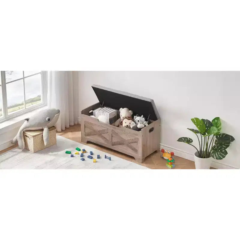 Coffre de rangement en bois style grange avec couvercle relevable, 2 charnières de sécurité, coussin d’assise rembourré, poignées latérales, grand banc de rangement