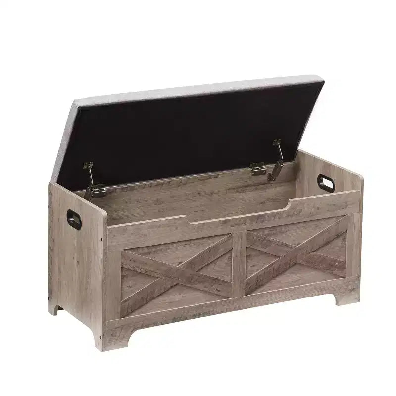 Coffre de rangement en bois style grange avec couvercle relevable, 2 charnières de sécurité, coussin d’assise rembourré, poignées latérales, grand banc de rangement