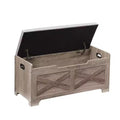 Coffre de rangement en bois style grange avec couvercle relevable, 2 charnières de sécurité, coussin d’assise rembourré, poignées latérales, grand banc de rangement