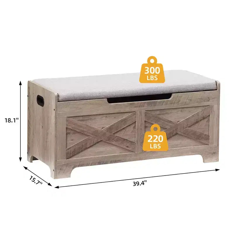 Baúl de almacenamiento de madera estilo granero con tapa elevable, 2 bisagras de seguridad, cojín de asiento acolchado, asas laterales, amplio banco organizador