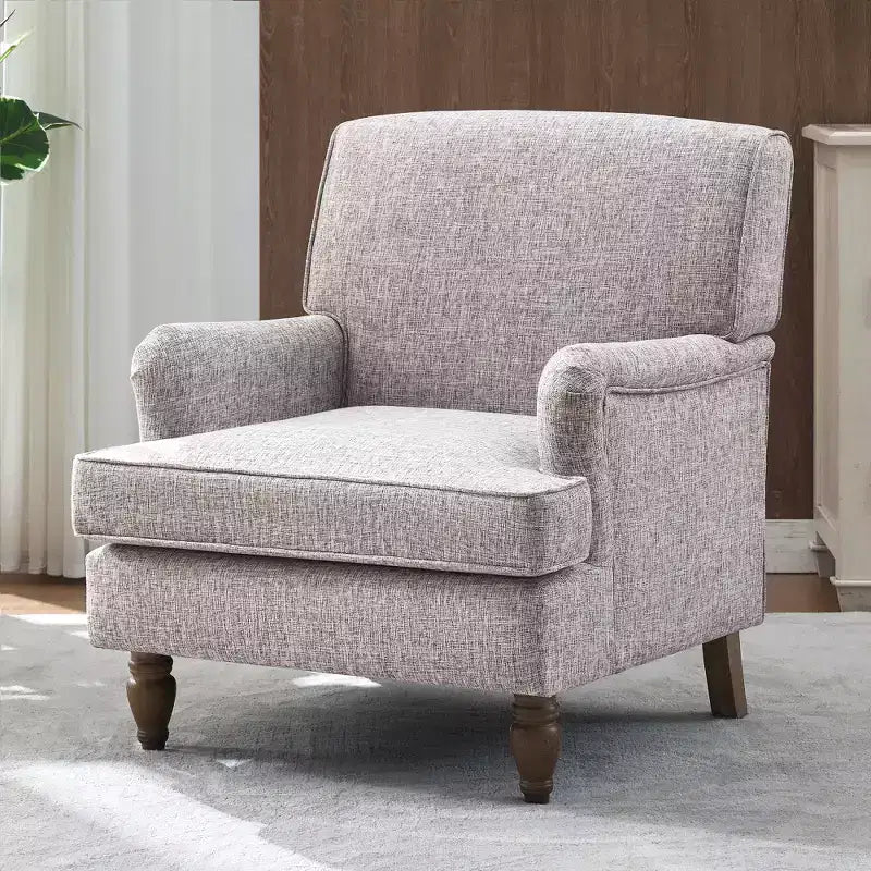 Fauteuil vintage en lin avec revêtement rembourré et pieds en bois massif vieilli, fauteuil d’appoint pour la maison