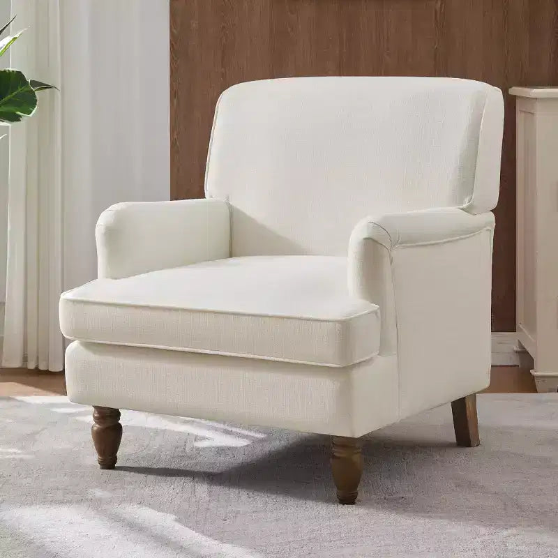Fauteuil vintage en lin avec revêtement rembourré et pieds en bois massif vieilli, fauteuil d’appoint pour la maison