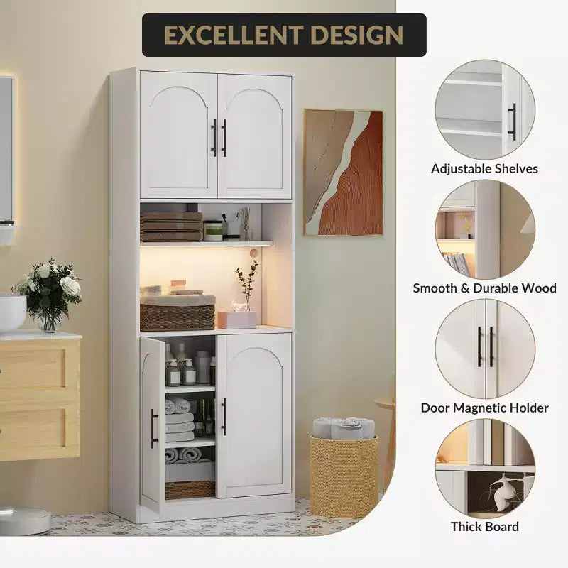 Armario despensa de cocina con luz RGB, gabinete alto tipo alacena con soporte para microondas, puertas corredizas estilo granero y 2 estantes abiertos