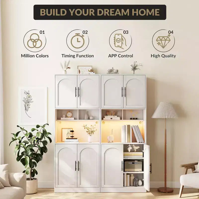 Armario despensa de cocina con luz RGB, gabinete alto tipo alacena con soporte para microondas, puertas corredizas estilo granero y 2 estantes abiertos