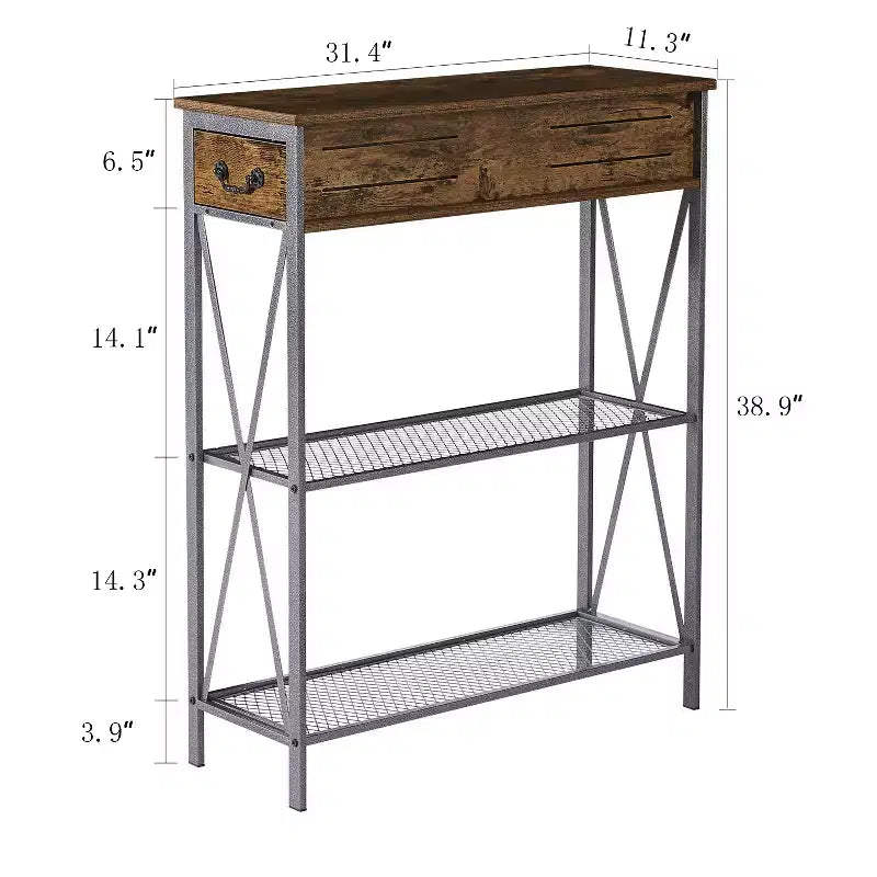 Mesa auxiliar consola vintage con cajones, mesa para sofá con estantes rectangulares, diseño con estructura en X, marrón