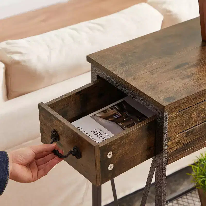 Mesa auxiliar consola vintage con cajones, mesa para sofá con estantes rectangulares, diseño con estructura en X, marrón