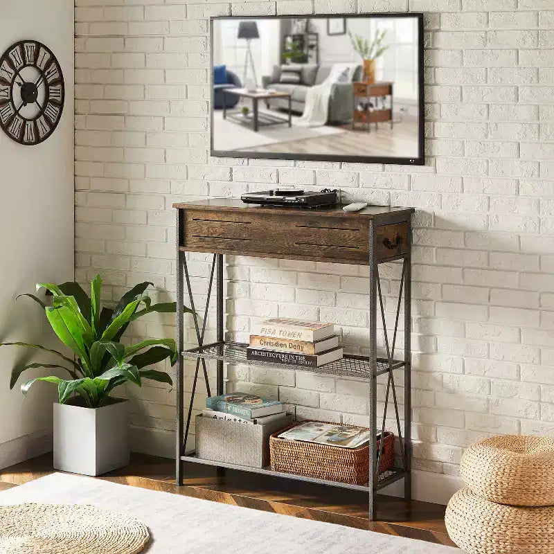Mesa auxiliar consola vintage con cajones, mesa para sofá con estantes rectangulares, diseño con estructura en X, marrón