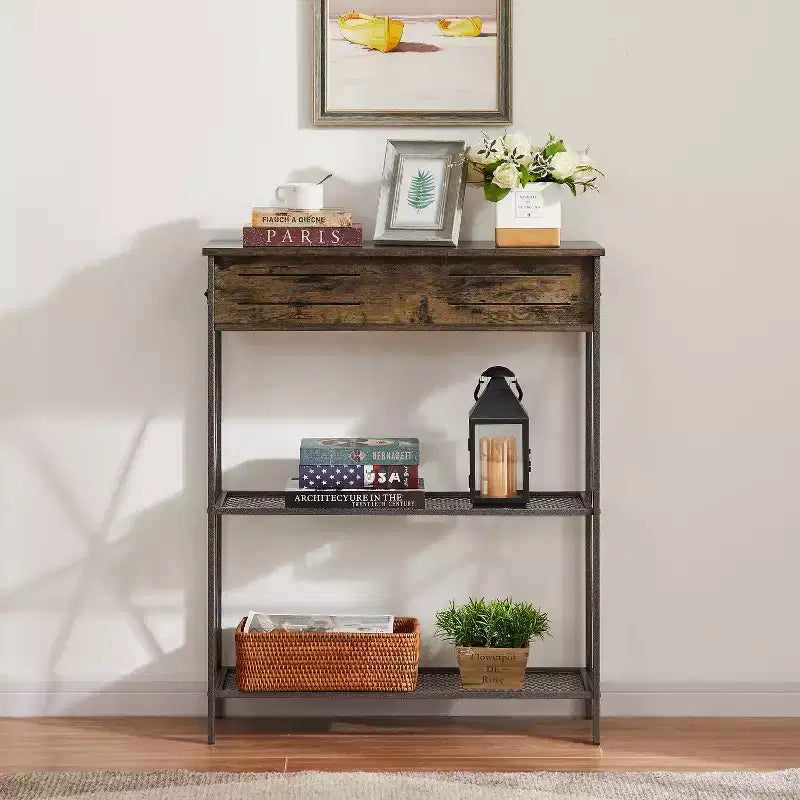 Vintage-Konsolentisch mit Schubladen, Sofatisch mit rechteckigen Ablagen, X-Gestell-Design, braun