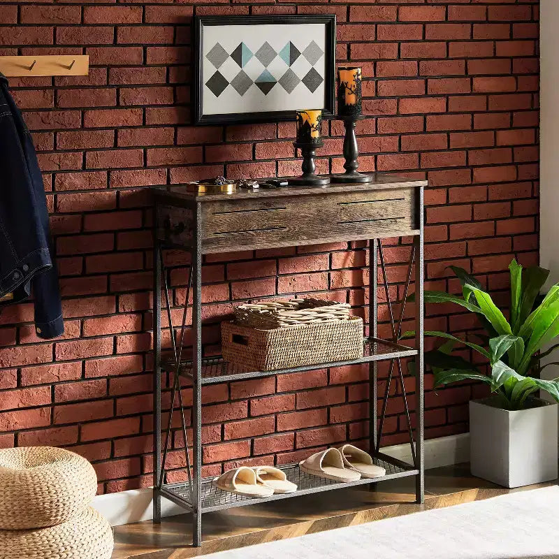 Vintage-Konsolentisch mit Schubladen, Sofatisch mit rechteckigen Ablagen, X-Gestell-Design, braun