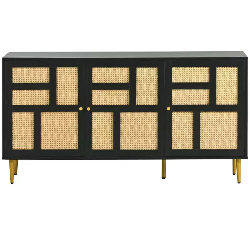 Mueble para TV de ratán para televisores de hasta 55, puertas de ratán, patas y tiradores metálicos, centro de entretenimiento con consola de almacenamiento, zapateros negros