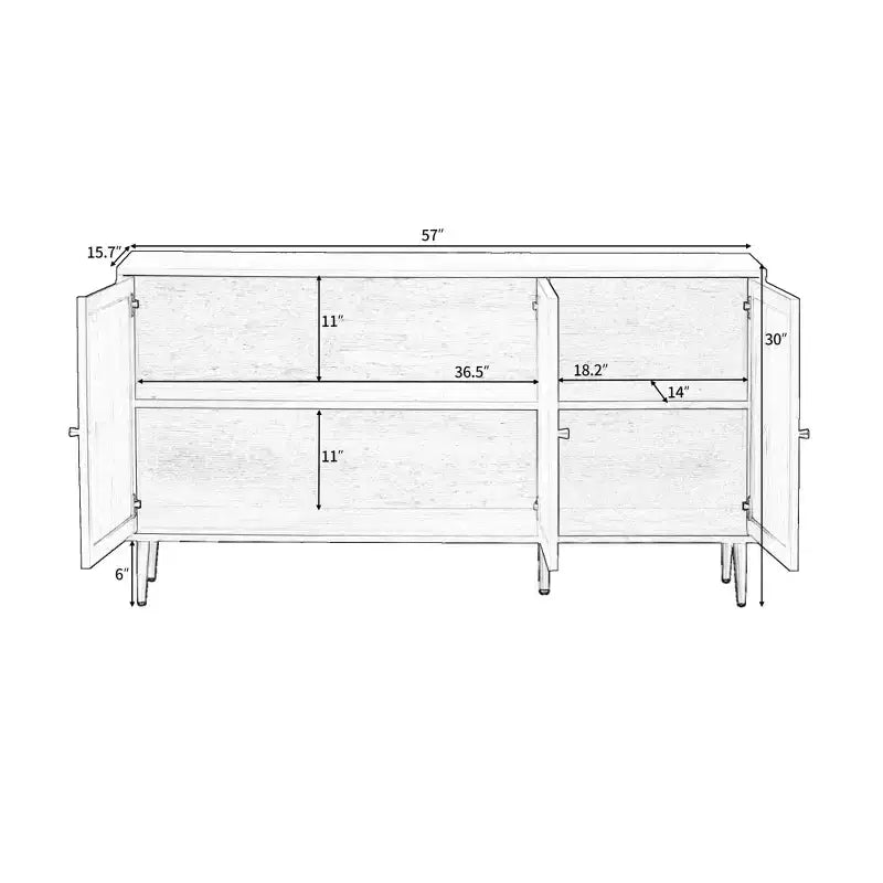 Mueble para TV de ratán para televisores de hasta 55, puertas de ratán, patas y tiradores metálicos, centro de entretenimiento con consola de almacenamiento, zapateros negros