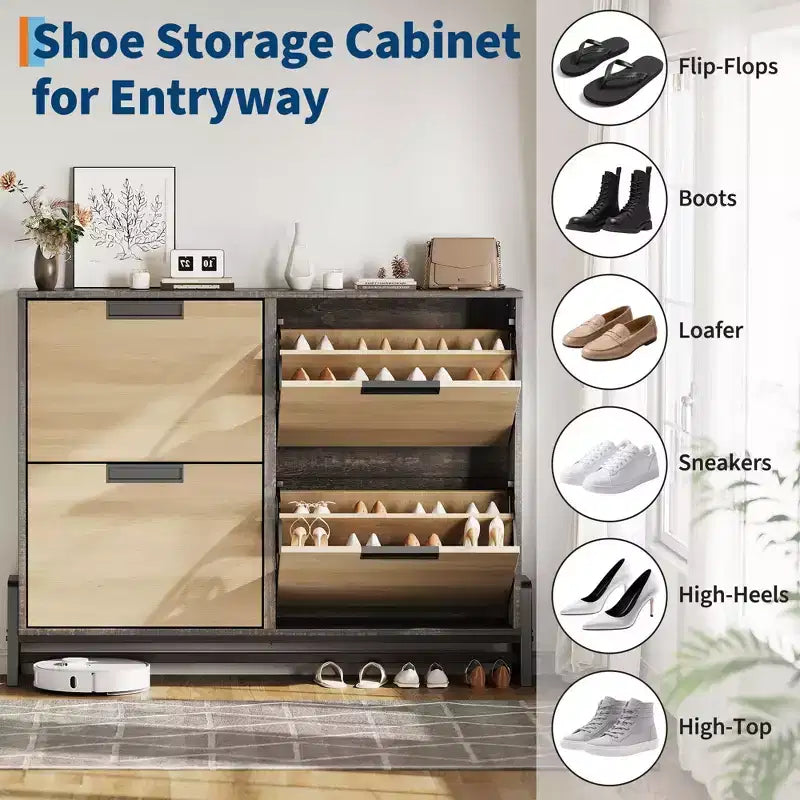 Meuble à chaussures avec 4 tiroirs à abattant, rangement à chaussures autoportant pour entrée, étagère à chaussures étroite avec 3 niveaux réglables