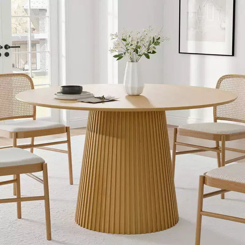 Table de salle à manger ronde de 46 pour 6 personnes, table moderne à piètement central avec base conique cannelée et plateau en MDF, pour petite cuisine, salle à manger ou café, finition naturelle