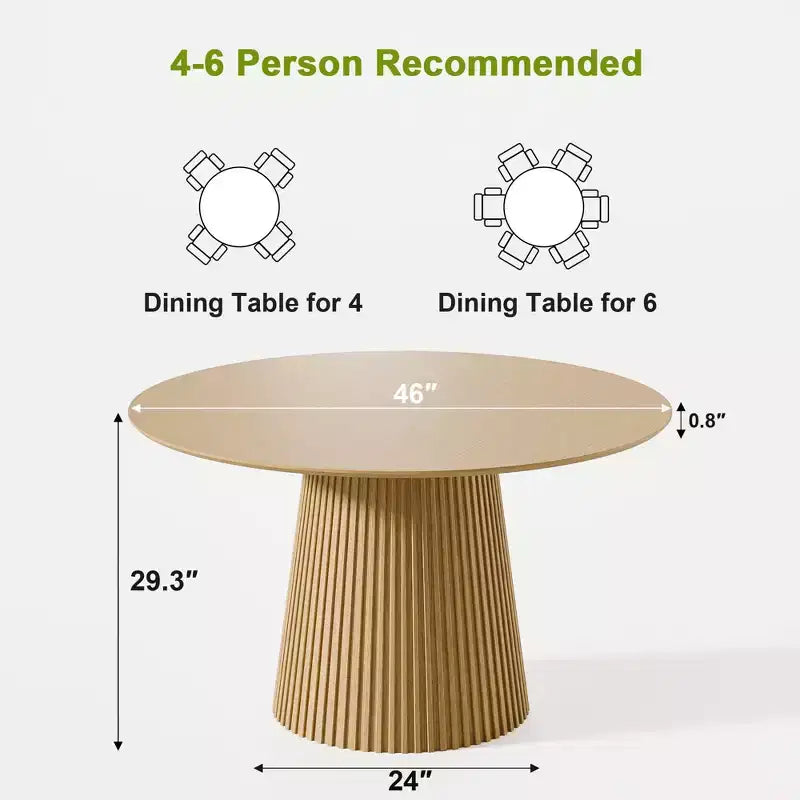Mesa de comedor redonda de 46 para 6 personas, moderna, con pedestal, base cónica acanalada y tablero de MDF de madera, para cocina, comedor o cafetería en espacios pequeños, natural
