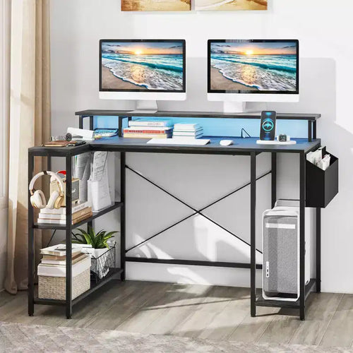 48 L-förmiger Gaming-Schreibtisch mit LED-Leuchten, Steckdosen und Ablagefächern, Braun/Schwarz
