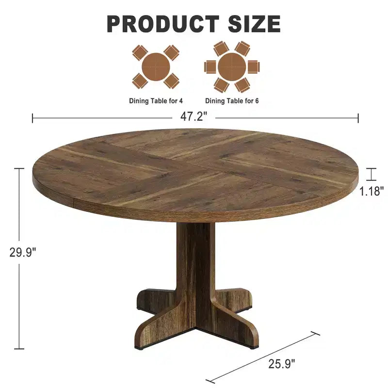 Table ronde de salle à manger pour 4 personnes, table de cuisine circulaire style maison de campagne de 47 pouces avec plateau en bois et base stable, pour salle à manger et salon (table uniquement)