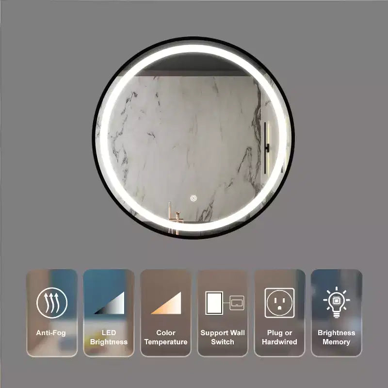 Miroir de salle de bains à DEL de 32 pouces avec interrupteur d’alimentation et antibuée, cadre métallique, miroir rond mural à intensité réglable pour le maquillage, de style champêtre