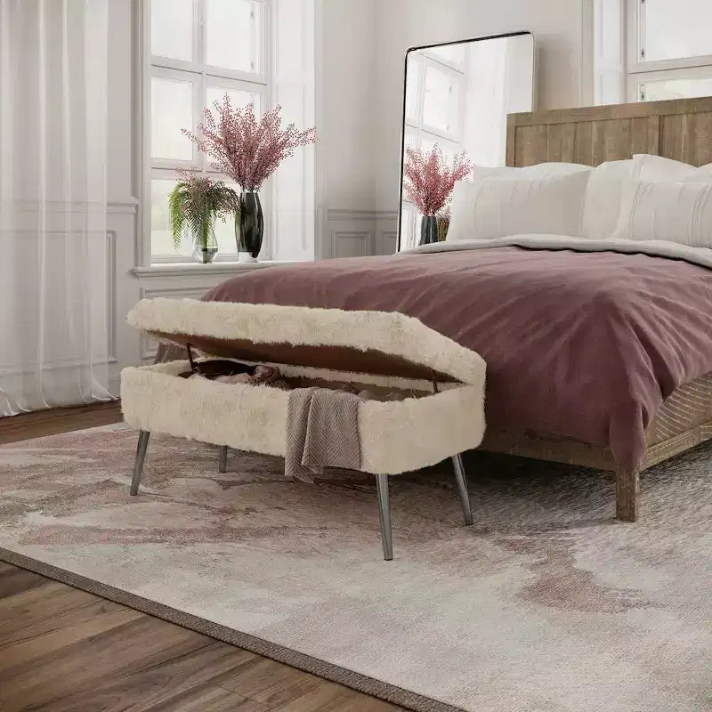 Banc de rangement de luxe rembourré en fausse fourrure pelucheuse
