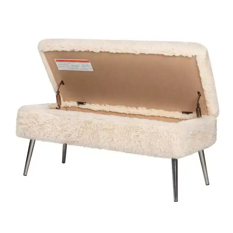 Banc de rangement de luxe rembourré en fausse fourrure pelucheuse
