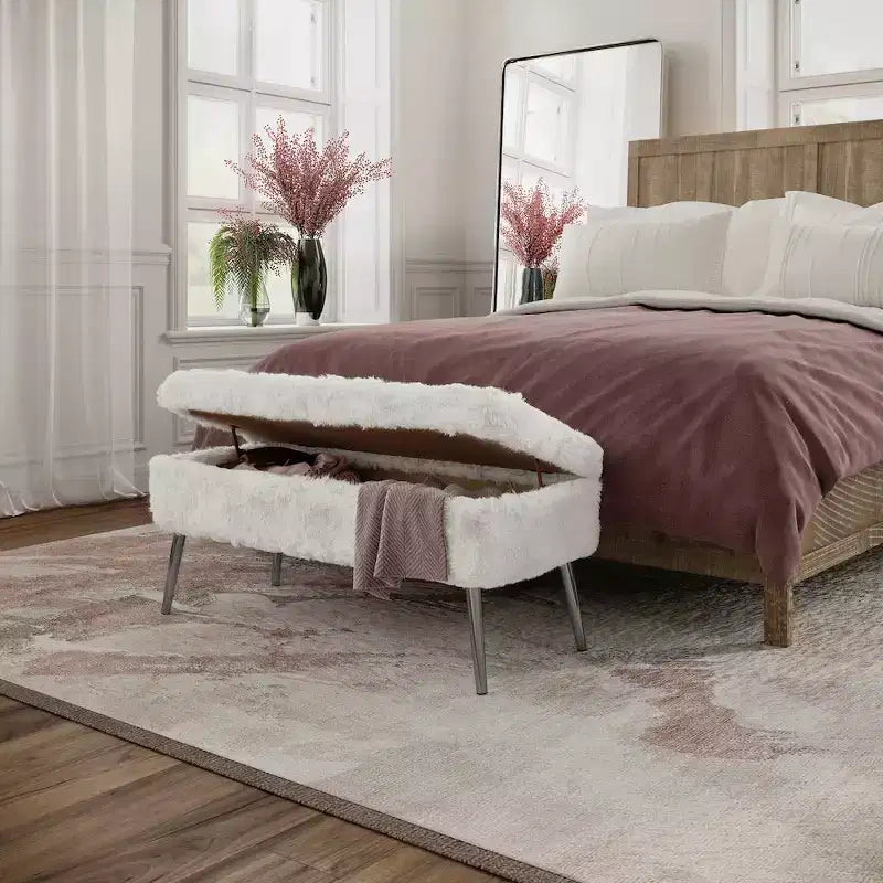 Banc de rangement de luxe rembourré en fausse fourrure pelucheuse