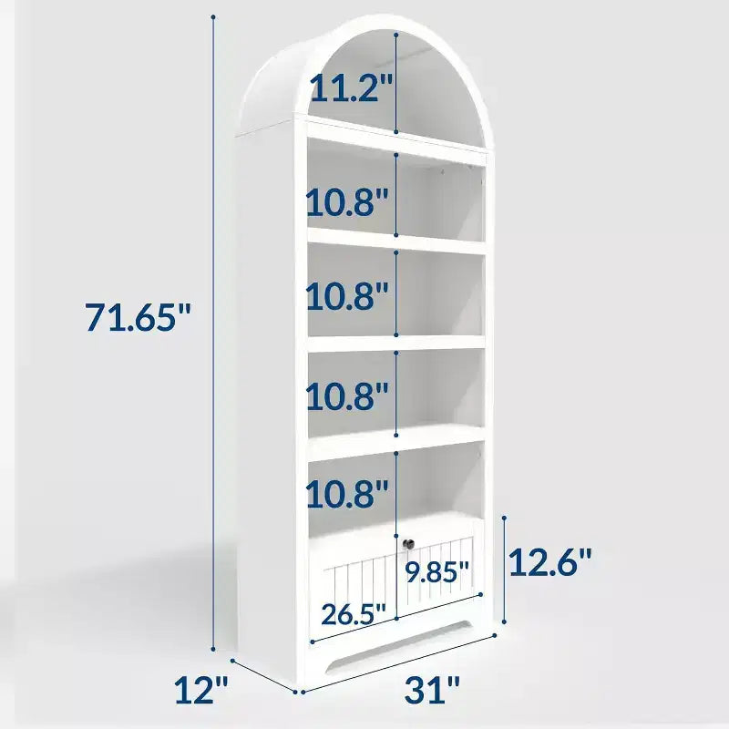 Hoher, 180 cm großer Bücherregalbogen mit 6 Ebenen, freistehendes Bücherregal mit Schublade und offenen Ablagefächern, Bücherregal mit Rundbogen im Mid-Century-Modern-Stil für das Arbeitszimmer