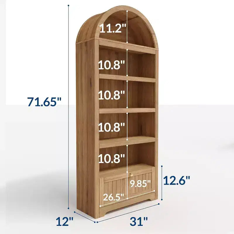 Hoher, 180 cm großer Bücherregalbogen mit 6 Ebenen, freistehendes Bücherregal mit Schublade und offenen Ablagefächern, Bücherregal mit Rundbogen im Mid-Century-Modern-Stil für das Arbeitszimmer