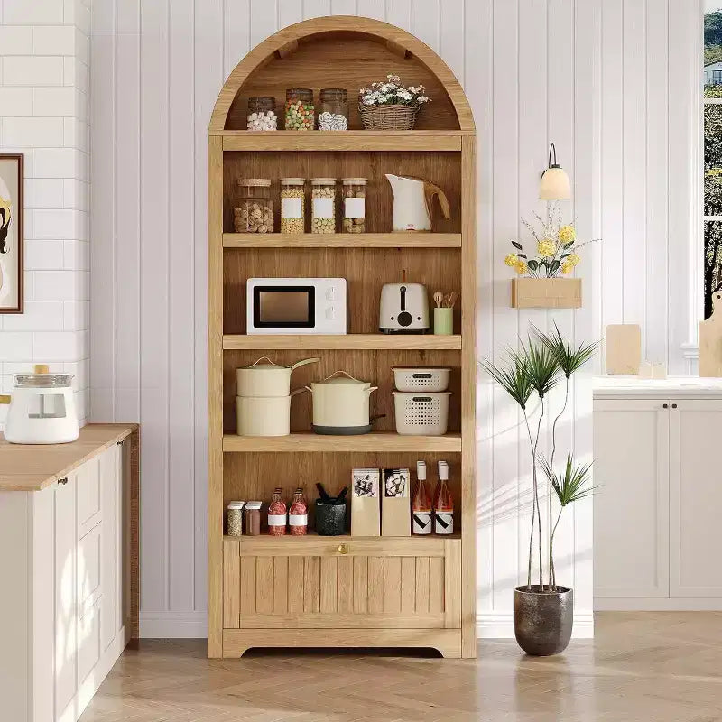 Hoher, 180 cm großer Bücherregalbogen mit 6 Ebenen, freistehendes Bücherregal mit Schublade und offenen Ablagefächern, Bücherregal mit Rundbogen im Mid-Century-Modern-Stil für das Arbeitszimmer